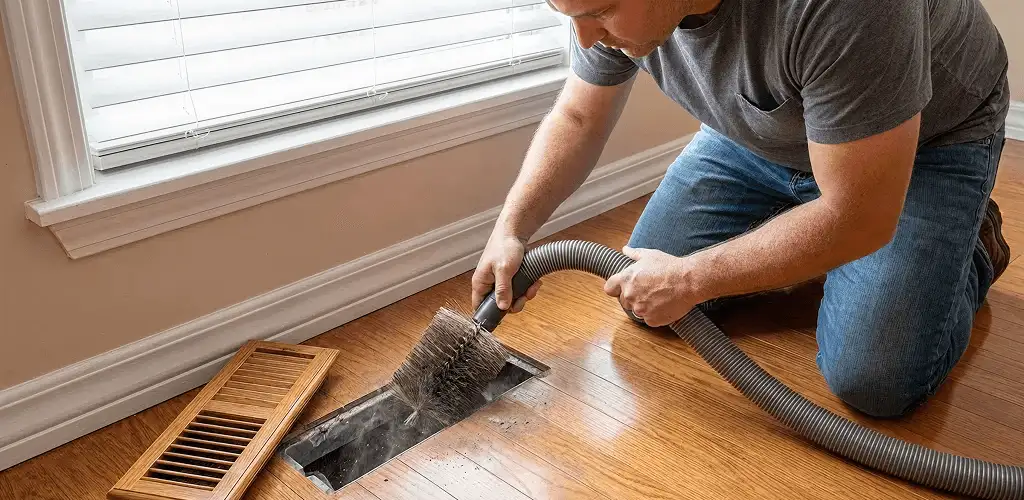 Air duct cleaning technician vacuuming a floor vent and duct opening in Bakersfield, CA
