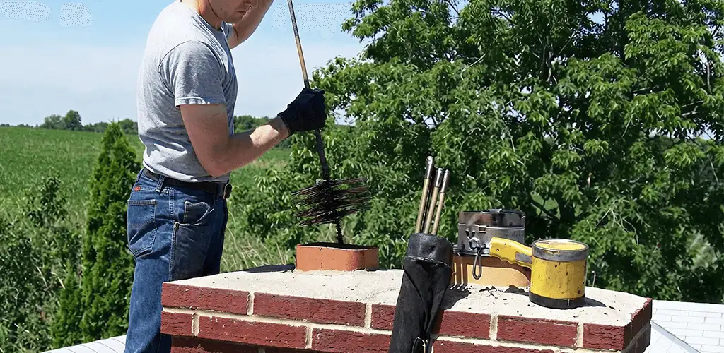Chimney cleaning technician working on a rooftop chimney with professional tools in Bakersfield, CA