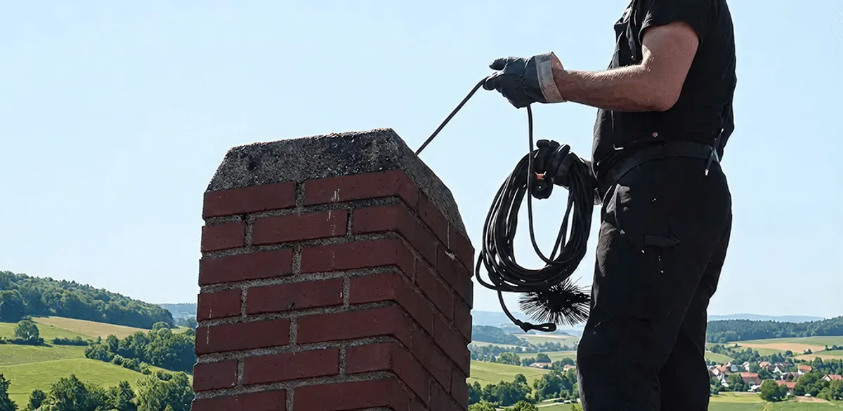 Chimney sweep inspecting and cleaning a rooftop chimney in Bakersfield, CA