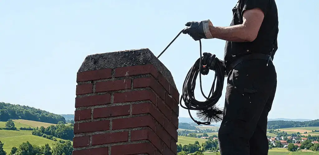 Chimney sweep inspecting and cleaning a rooftop chimney in Bakersfield, CA