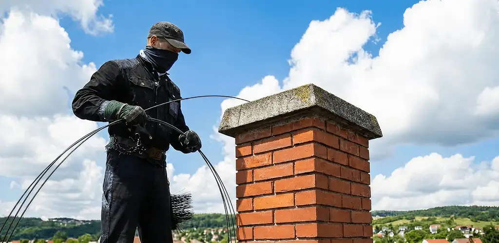 Chimney sweep cleaning a brick chimney with professional tools in Bakersfield, CA