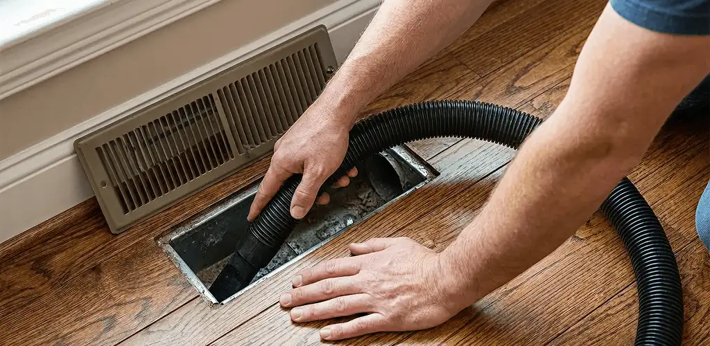 Air duct cleaning technician vacuuming a floor register and duct opening in Bakersfield, CA