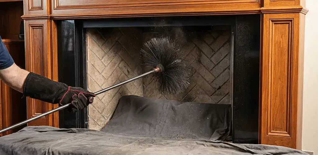 Chimney cleaning service brushing soot from a fireplace and flue in Bakersfield, CA