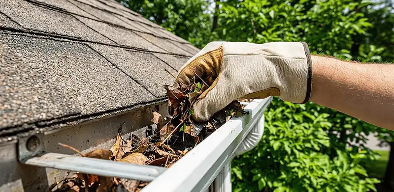 Gutter cleaning removing leaves and debris from roof gutters in Bakersfield, CA