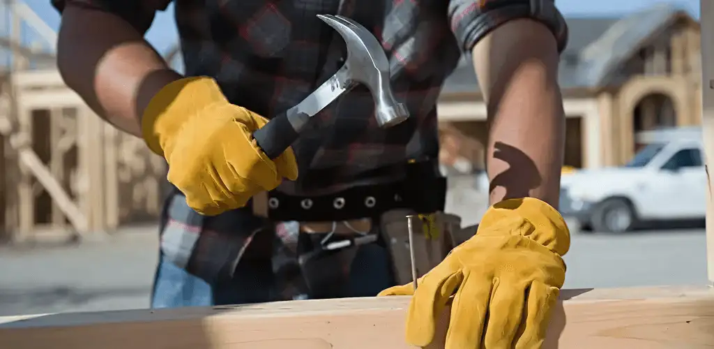 Handyman fixing wood trim with a hammer for home repairs in Bakersfield, CA