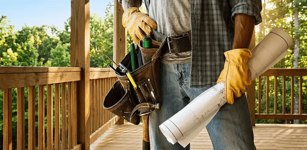 Professional handyman with tool belt ready for home repairs in Bakersfield, CA