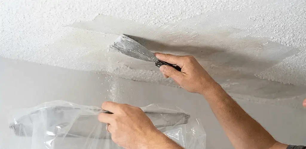 Popcorn ceiling removal technician scraping texture from a ceiling in Bakersfield, CA