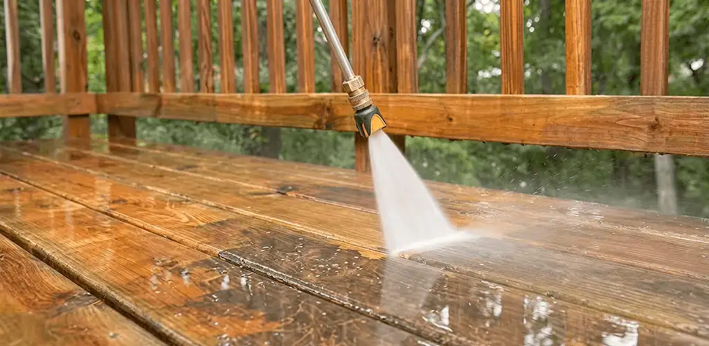 Pressure washing a wood deck to remove dirt and buildup in Bakersfield, CA