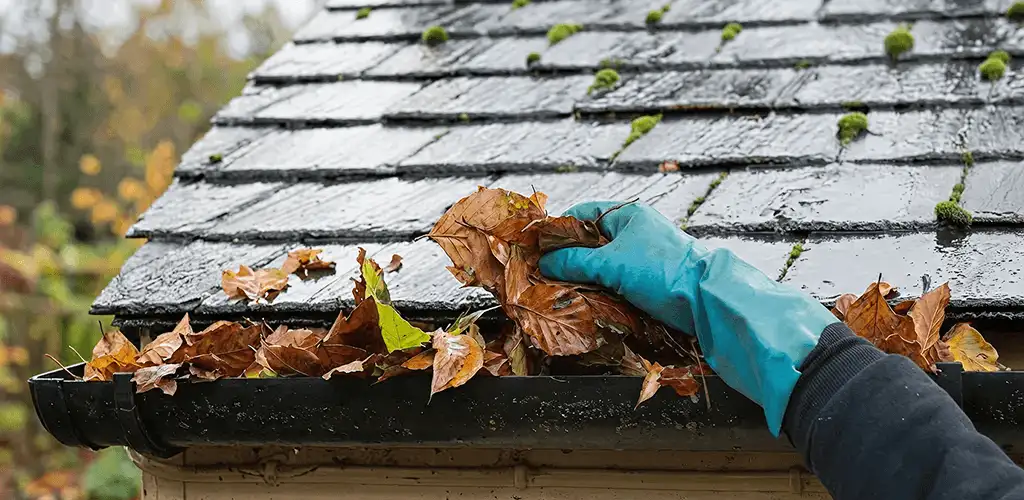 Gutter cleaning technician clearing wet leaves from roof gutters in Bakersfield, CA