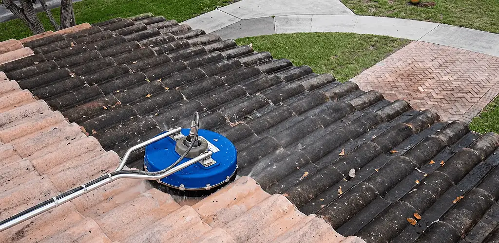 Roof pressure cleaning removing debris and buildup from roof tiles in Bakersfield, CA