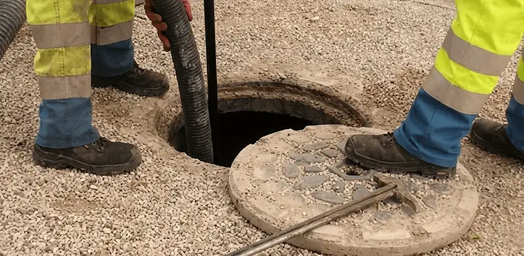 Drain cleaning crew clearing a sewer access point with professional equipment in Bakersfield, CA