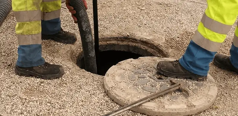 Drain cleaning crew clearing a sewer access point with professional equipment in Bakersfield, CA