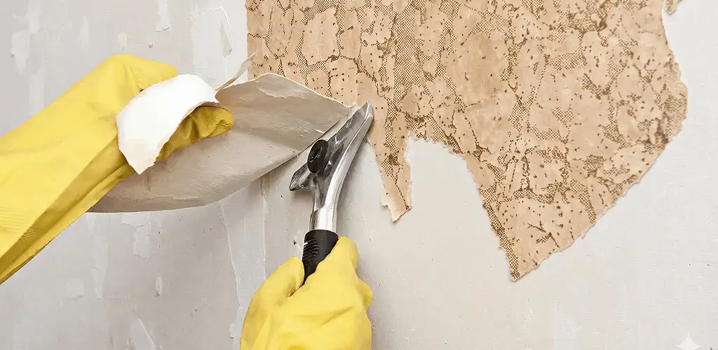 Wallpaper removal service stripping old wallpaper from a wall in Bakersfield, CA
