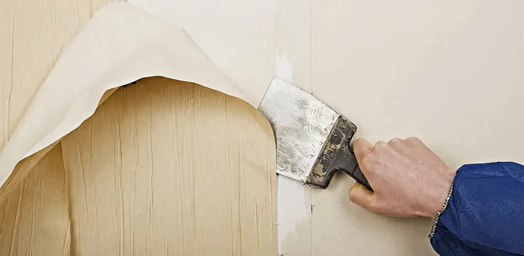 Handyman removing wallpaper with a scraper for wall preparation in Bakersfield, CA